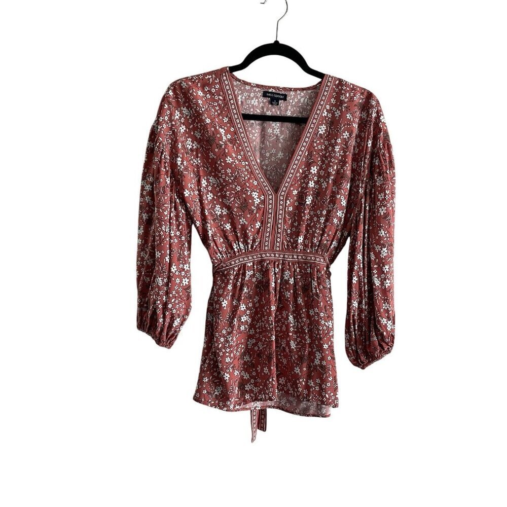 Max Edition Women Sz S Multicolor Floral Tie-Waisted 3/4 Sleeve V-Neck Top